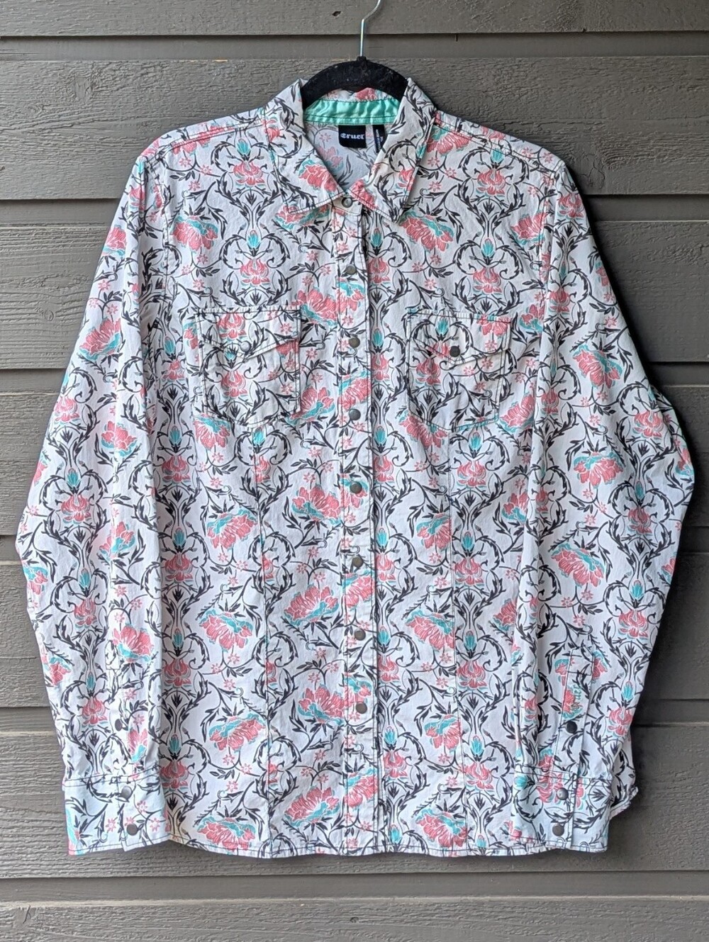 Cruel Western Snap Long Sleeve Shirt Size XL White Pink Aqua Mint Satin
